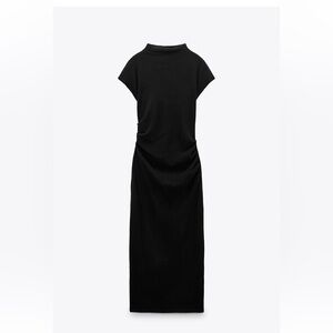 Zara soft knit black cap sleeve  midi mock  neck dress with ruching - small